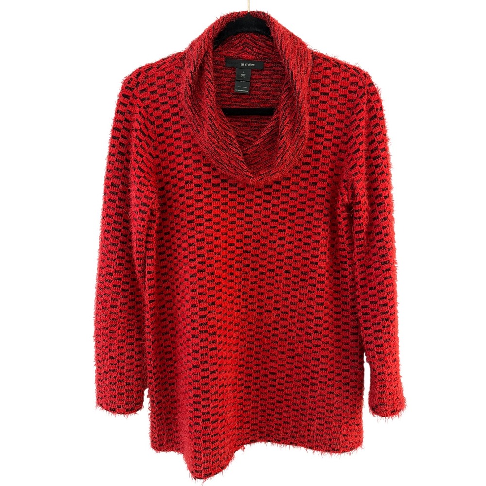 Ali Miles Red Black Checkered Eyelash Knit Cowl Neck Tunic Sweater Small